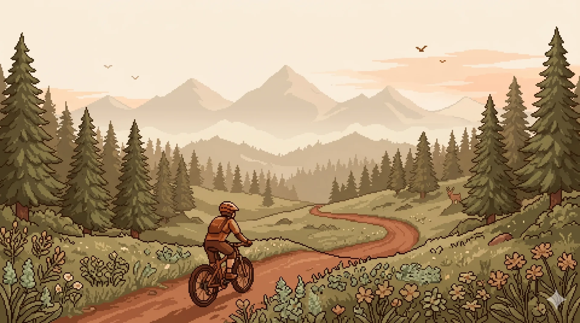Alexandre Dehon à VTT sur un sentier de montagne, paysage pixel art au lever du soleil.