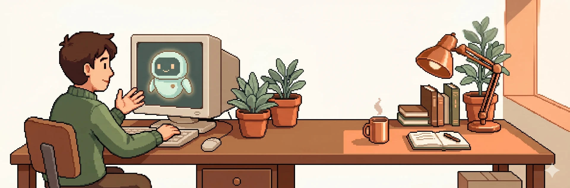 Personne échangeant avec un assistant IA bienveillant, pixel art.