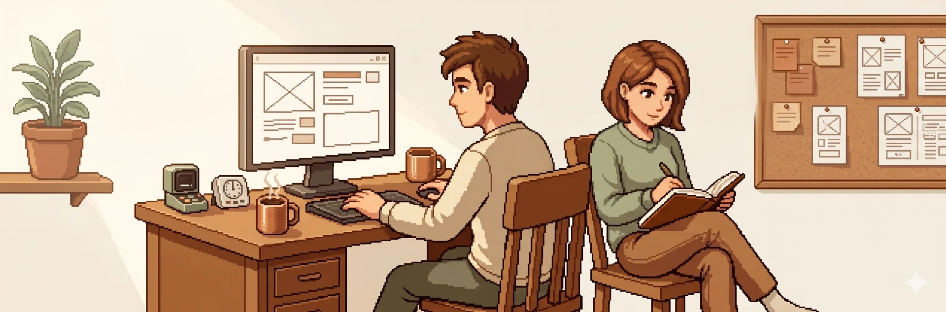 Deux personnes en entretien de recherche utilisateur, pixel art.