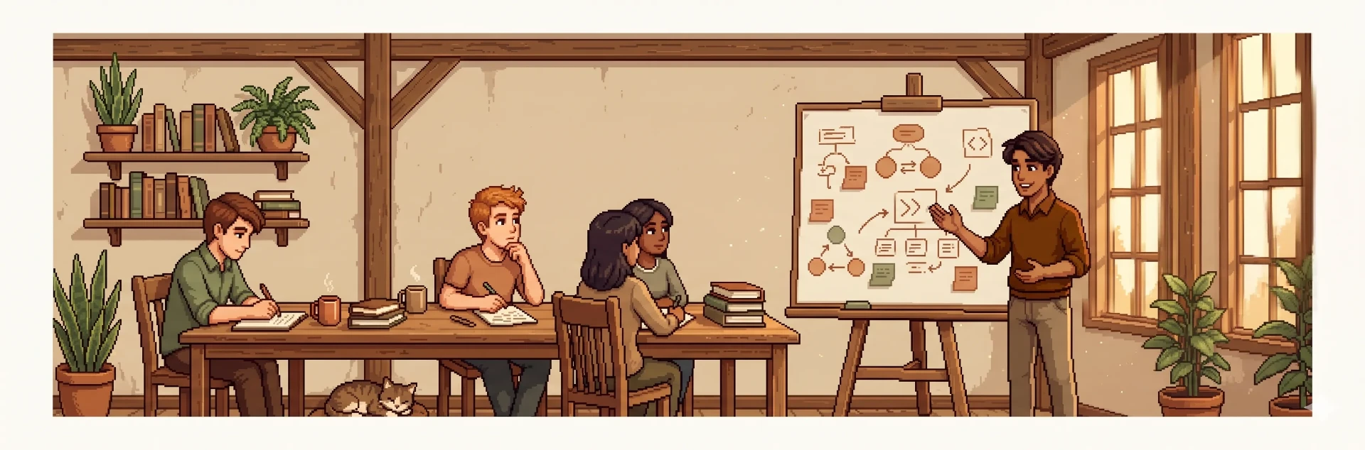 Formation en classe avec un facilitateur et des apprenants, pixel art.