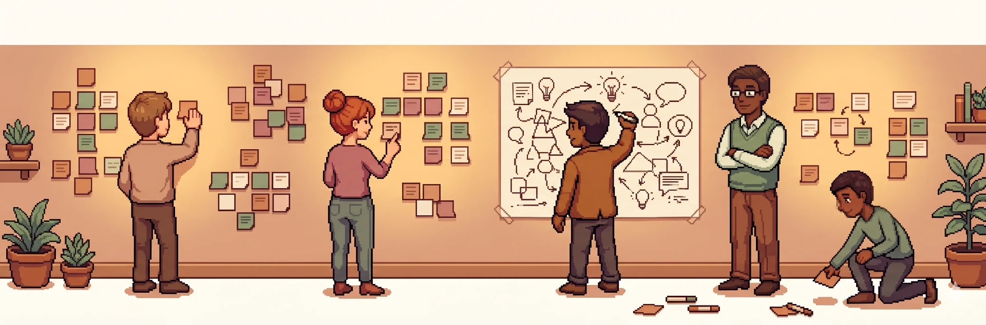 Atelier de facilitation avec mur de post-its et co-création, pixel art.