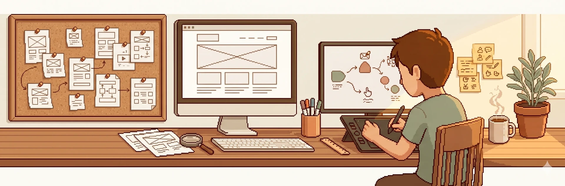 Atelier de designer UX avec écrans et wireframes, pixel art.